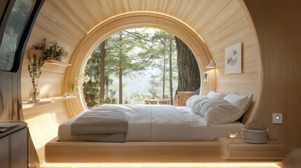 Wooden cabin bedroom with a large circular window.