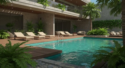 Obraz premium Luxury Villa Poolside Relaxation - Tranquil scene of a modern villa's inviting pool area, complete with comfortable lounge chairs and lush tropical landscaping