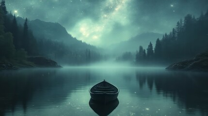 Serene Nighttime Lake Scene with Rowboat and Starry Sky
