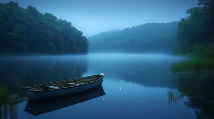 Fototapeta premium Serene Nighttime Lake Scene with a Rowboat and Starry Sky Reflections