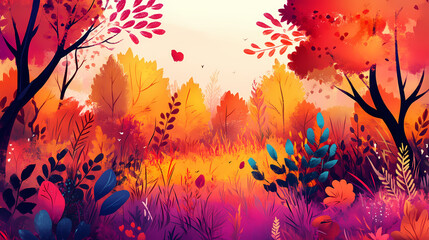 Exploration vibrant nature scenes across transformative seasons highlighting colorful landscapes diverse flora, autumn, autumnal, foliage, countryside. Echo Petal. Illustration