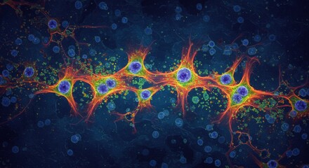 Obraz premium Microscopic Cell Network: Vital Information Transfer - Active cells, vibrant network, information exchange, microscopic view, biological communication