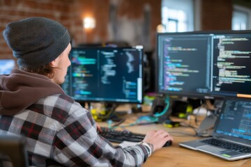 Young adult working with code on multiple computer screens in a home office environment wearing casual clothing