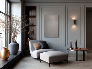 Aesthetic beautiful elegant  modern luxury interior design. Clear mock up empty wall for decoration in the apartment, painting frame. Copy space in the room.