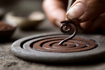 Closeup shows a person handling a coil incense stick, igniting it with the tip bent and ash covering the coil.