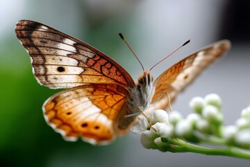 Obraz premium Elegant Brown and Beige Butterfly Perched on Delicate White Blooms in a Garden, Wings Open Displaying Intricate Patterns