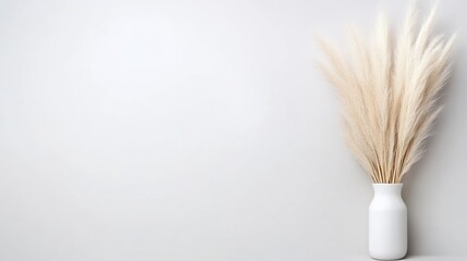 A white vase holding tall dried pampas grass stems, minimalist interior decor on a plain light grey wall, and modern and elegant composition.