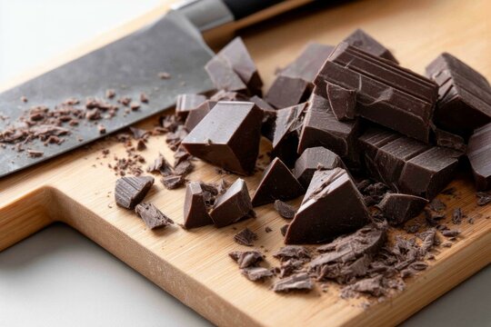 Close-up view of dark chocolate chunks and shavings, ready for baking, sitting on wooden board with sharp metal knife - Powered by Adobe