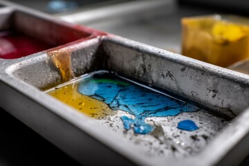 Printing Press Ink Tray with Vibrant Red, Yellow and Blue Colors Mixing Together, Close-Up View of Inks with Oily Texture
