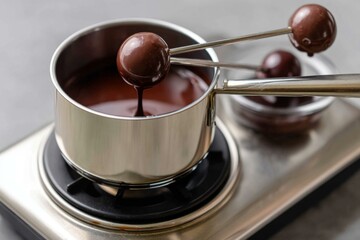 Chocolate Ball Dipped in Saucepan of Liquid, Ready to Serve as Dessert or Sweet Treat on Electric Stove