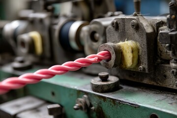 Candy cane forming process on industrial equipment, pink twisted shape being formed, close-up shot of machine in operation