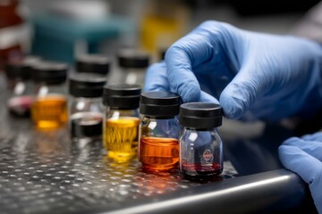 Scientist holding vial of liquid, lab tests on table, analysis of substance samples, chemistry research, discovery concept.