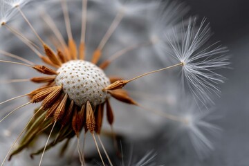 Detailed Close-Up of a Dandelion Seed Head with Dispersing Seeds in Soft Focus against a Grey Gradient Background