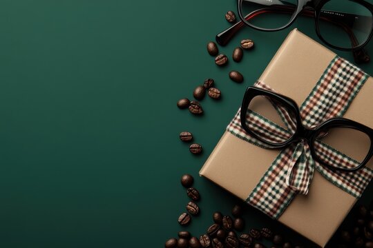 A brown gift box tied with a plaid ribbon, a pair of glasses, and coffee beans on a green background