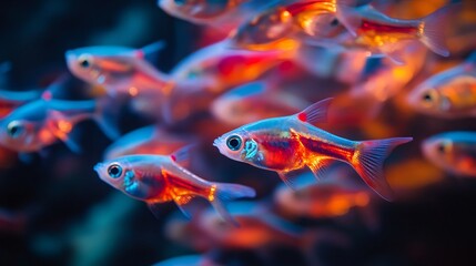 Fototapeta premium Mesmerizing school of neon tetra fish swimming in an Amazonian river their electric blue and red stripes glowing underwater