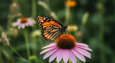 Fototapeta premium Monarch Butterfly on Coneflower in Summer Garden - A monarch butterfly rests delicately on a vibrant purple coneflower, symbolizing transformation, beauty, nature, freedom, and serenity