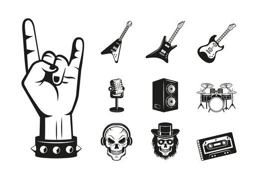 Black Heavy Metal Rock Music Icons Set
