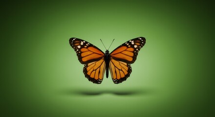 Obraz premium Monarch Butterfly Studio Shot Green Background - A vibrant monarch butterfly in flight, symbolizing transformation, freedom, beauty, nature, and hope. A perfect for nature, wildlife