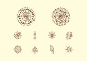 Brown Ornamental Indian Floral Henna Tattoos Set