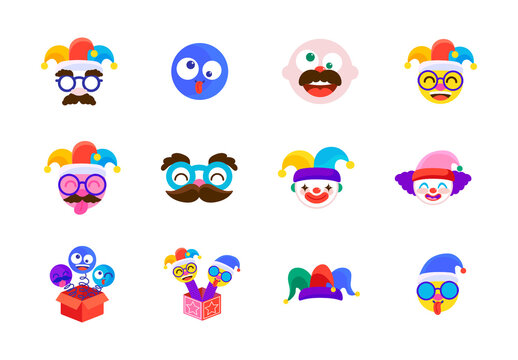 Colorful Funny Cartoon Faces And Accessories Icons Set