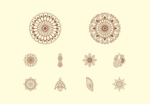 Brown Ornamental Indian Floral Henna Tattoos Set