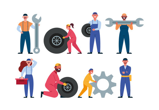 Colorful Industrial Workshop Tools Workers Illustration Set