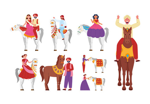 Colorful Traditional Hindu Wedding Horse Illustration Set