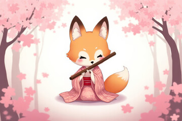 Chibi Anime Fox in Kimono Plays Shakuhachi Flute Among Blooming Sakura Trees - Elegant Pastel Design