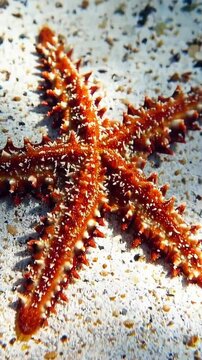 Vertical screen, venomous crown of thorns starfish with long, thorn like spines crawling slowly across pristine white sand seabed in shallow tropical waters