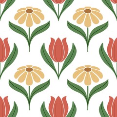 Seamless floral pattern with tulips and daisies 