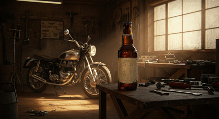Motorcycle Garage Sunset - A classic motorcycle sits in a dimly lit garage bathed in the warm glow of the setting sun, a bottle of beer rests on a workbench nearby