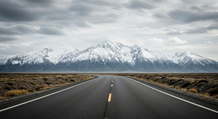 Mountain Road Trip Adventure - Scenic road journey, snow-capped peaks, open road, freedom, adventure. Embark on a thrilling drive