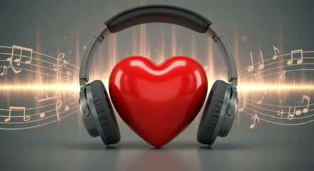 Music and the Heartbeat - Red heart nestled in headphones, music notes flowing, symbolizes love for music. Perfect for music blogs, playlists, or Valentine's Day