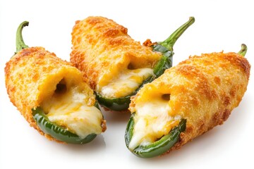 Crispy Breaded Jalapeno Poppers with Melted Cheese Filling on White Background Close Up