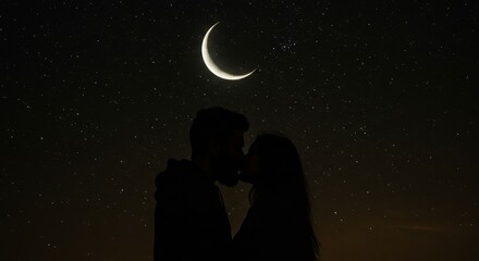 Obraz premium Night Sky Romance - Silhouette of a couple kissing under a crescent moon and starry night sky. Romantic and peaceful scene