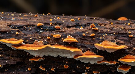 Obraz premium Orange Fungi on Dark Wood - Close-up of vibrant orange mushrooms growing on a dark brown log. Detailed texture and natural beauty