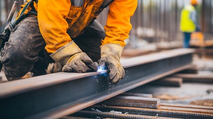 Construction Worker Welding Steel Beam