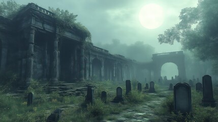Eerie Cemetery at Dusk with Ancient Ruins and Tombstones