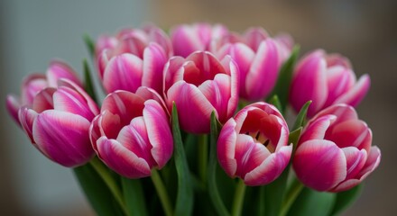 Obraz premium Pink Tulips Bouquet Spring Flowers - A vibrant bouquet of pink tulips, symbolizing spring, love, hope, happiness, and new beginnings. Perfect for spring celebrations