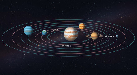 Obraz premium Planetary Orbits Solar System Illustration - A simplified illustration of the planets orbiting the sun, showcasing their relative sizes and orbital paths. Symbolizing space exploration