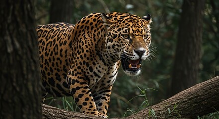 Fototapeta premium Majestic Jaguar Roaring in Lush Rainforest Habitat