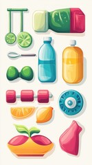 Colorful collection of various cartoonish food and drink items.