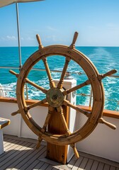 Wooden Ship Steering Wheel on a Yacht Deck with Ocean View - Nautical Sailing and Travel Concept