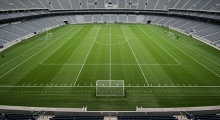 Obraz premium Pristine Green Field Football Stadium - A vibrant green field, marked lines, goals, stadium seating, and a sense of anticipation. Symbolizing competition, teamwork, victory