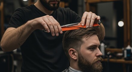 Naklejka premium Professional Barber Haircut - Close-up of a barber carefully cutting a client's hair with precision using a comb and shears