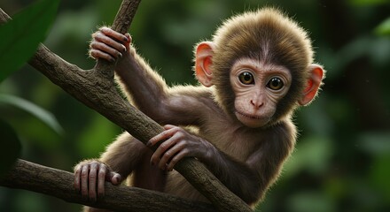 Adorable Baby Monkey Hanging on Tree Branch in Lush Forest