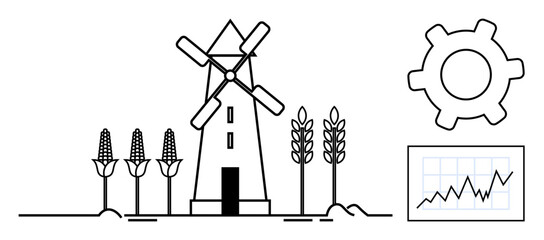 Windmill near corn and wheat stalks, cogwheel, and chart with rising graph. Ideal for agriculture, sustainability, renewable energy, productivity, farming, rural development flat simple metaphor