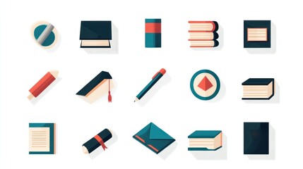Flat design icons representing various educational materials.