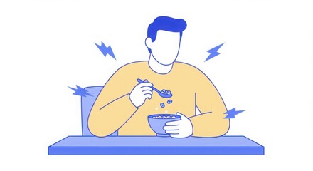Obraz premium Minimalist man eating a bowl of hot soup, flat illustration style 