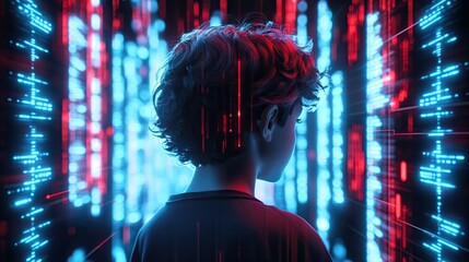 Boy immersed in a digital world of glowing blue and red data streams and abstract interfaces.